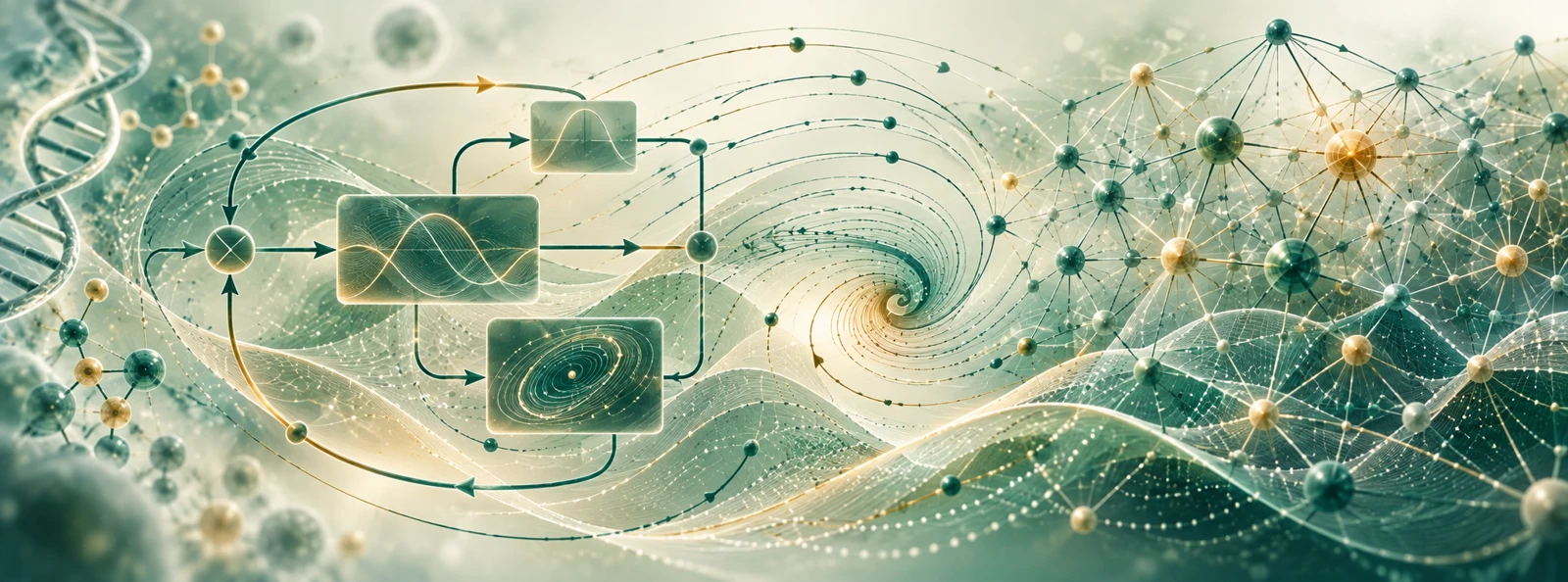 Conceptual illustration emphasizing feedback-control systems, dynamic trajectories, and AI neural networks, with a subtle molecular motif